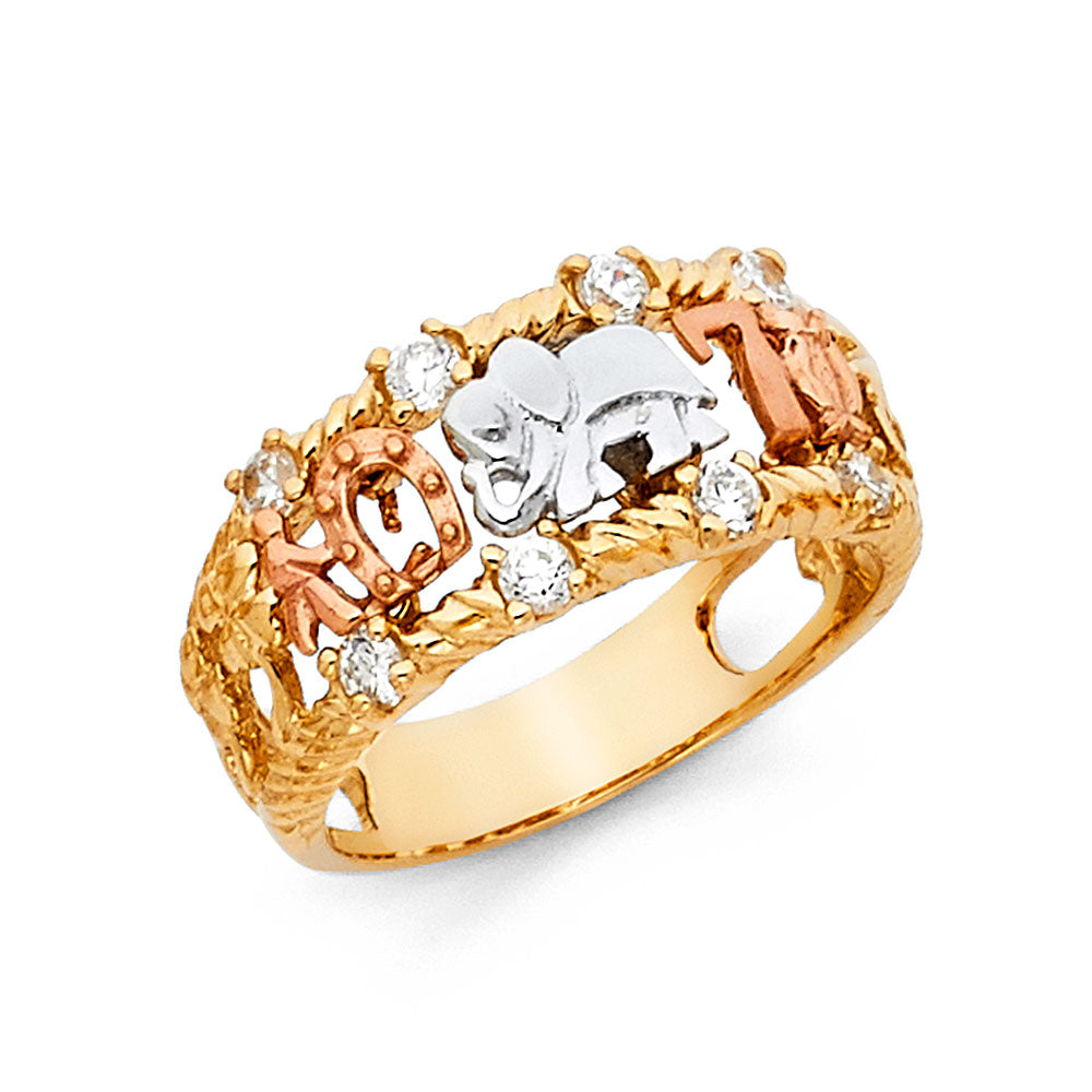 14K 3C CZ LUCKY RING