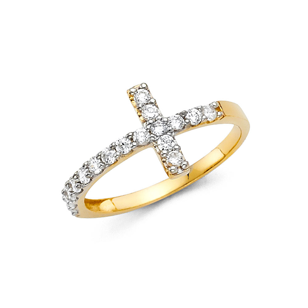 14K 2T SIDE WAY CZ CROSS RING