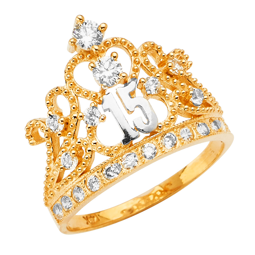 14KY CZ 15YEARS CROWN RING