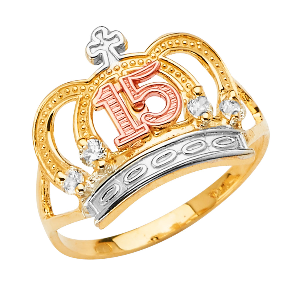 14K 3C 15 YEARS CROWN CZ RING
