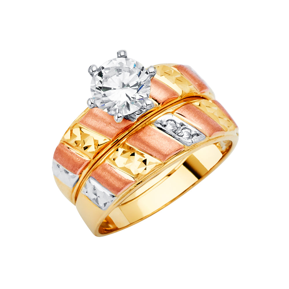 14K 3Color CZ Engagement Ring / Trio Set